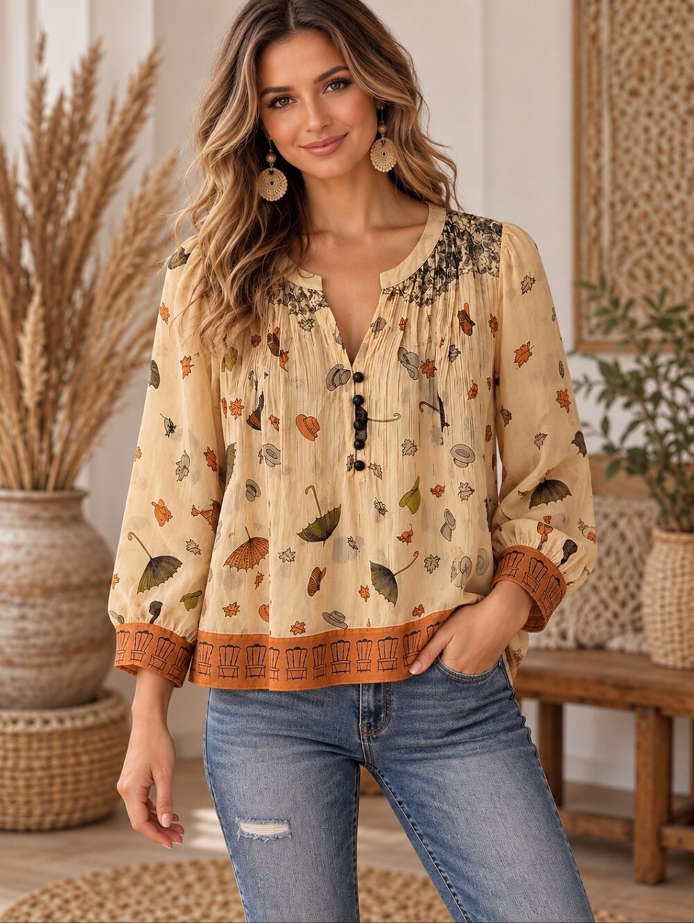 579.Floreat Silk Beige Floral Print Peasant Blouse with Rust Trim